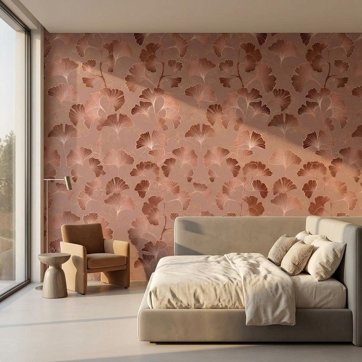 Art Deco Ginkgo Leaf Wallpaper Rose Gold, Japandi Botanical Mural, Mid Century Modern Wall Decor, Peel and Stick Removable Wallpaper
