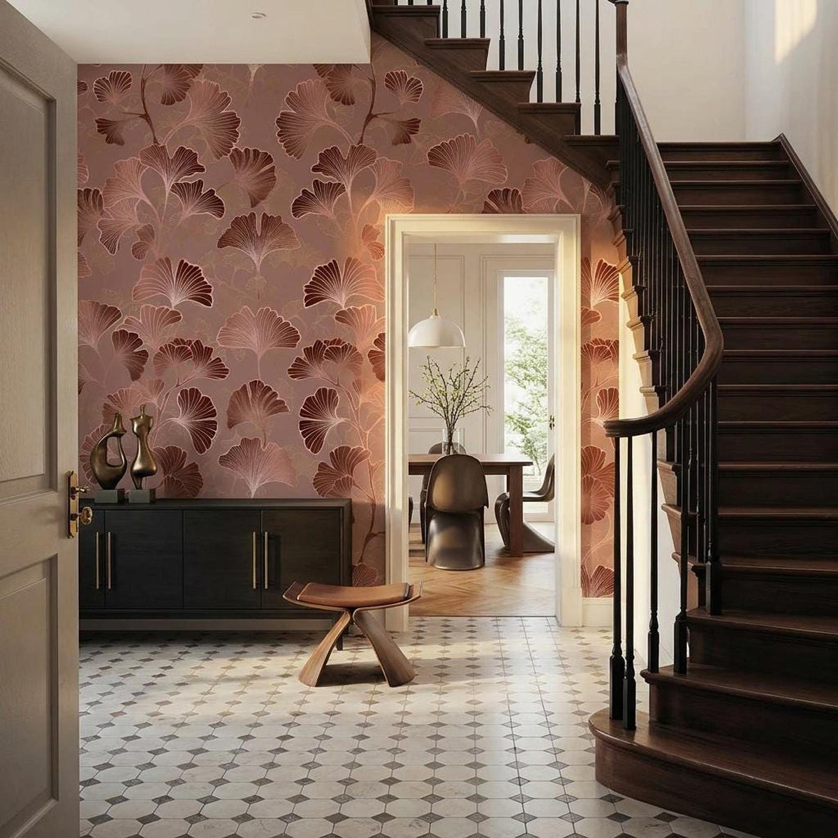 Art Deco Ginkgo Leaf Wallpaper Rose Gold, Japandi Botanical Mural, Mid Century Modern Wall Decor, Peel and Stick Removable Wallpaper