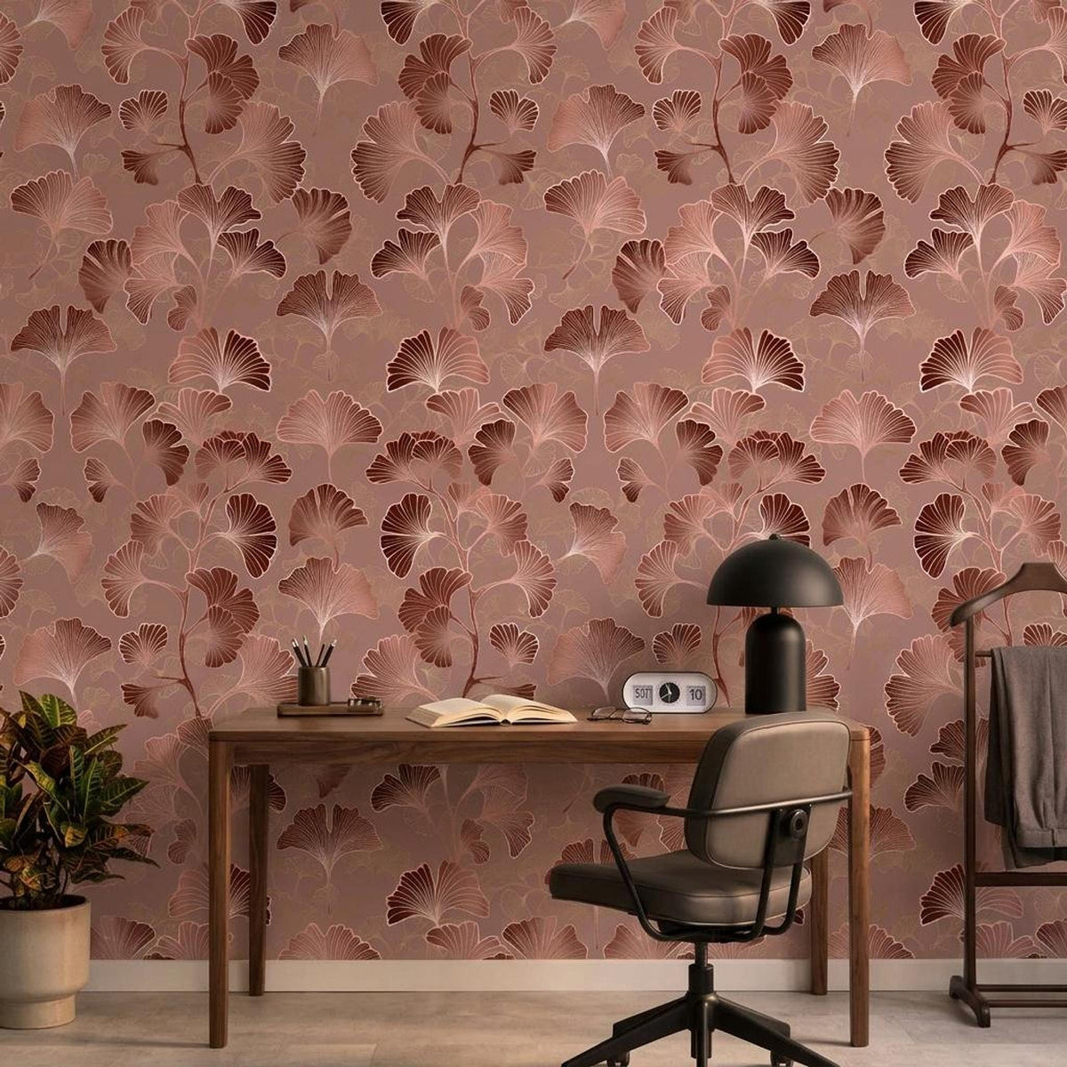 Art Deco Ginkgo Leaf Wallpaper Rose Gold, Japandi Botanical Mural, Mid Century Modern Wall Decor, Peel and Stick Removable Wallpaper