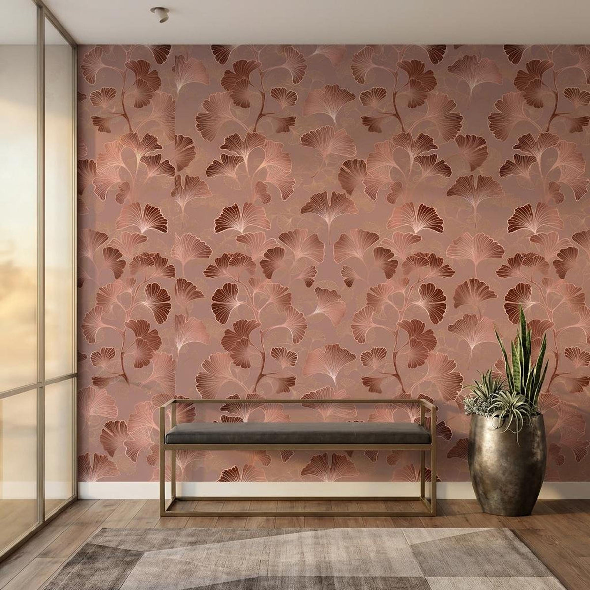 Art Deco Ginkgo Leaf Wallpaper Rose Gold, Japandi Botanical Mural, Mid Century Modern Wall Decor, Peel and Stick Removable Wallpaper