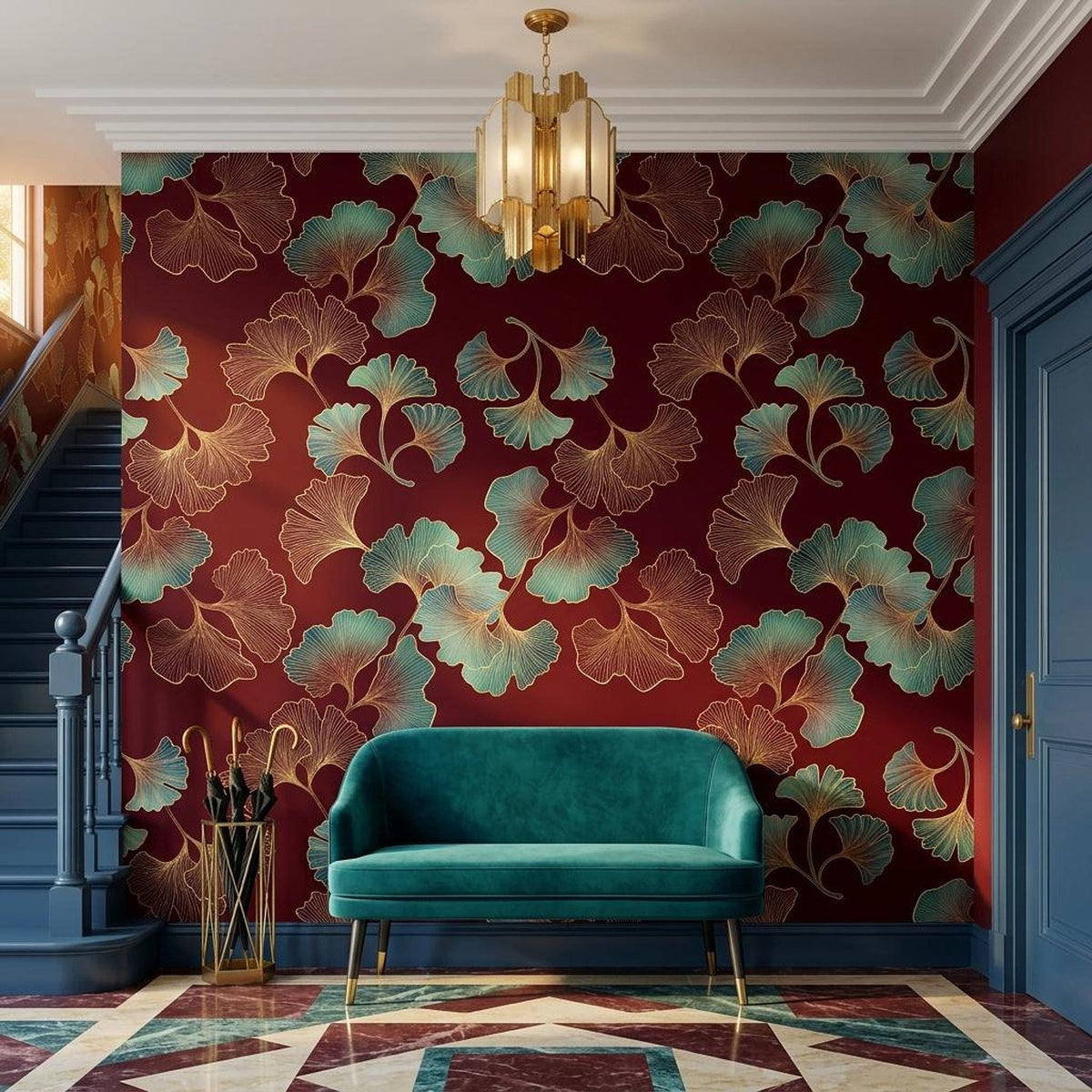 Art Deco Ginkgo Leaf Wallpaper, Teal Gold Burgundy Botanical Mural