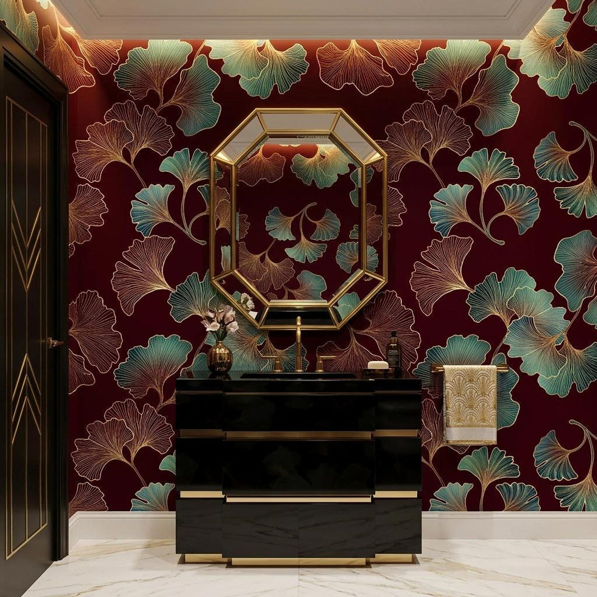 Art Deco Ginkgo Leaf Wallpaper, Teal Gold Burgundy Botanical Mural