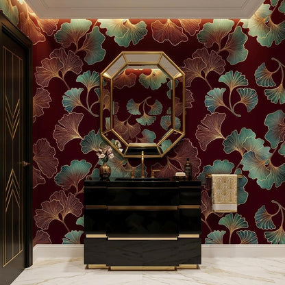 Art Deco Ginkgo Leaf Wallpaper, Teal Gold Burgundy Botanical Mural