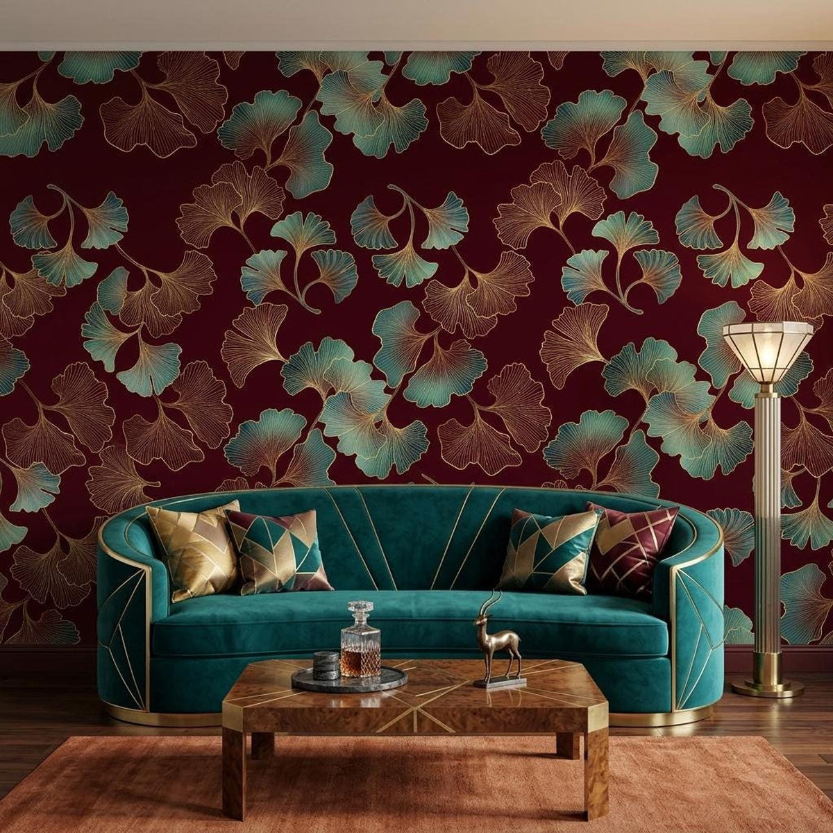 Art Deco Ginkgo Leaf Wallpaper, Teal Gold Burgundy Botanical Mural
