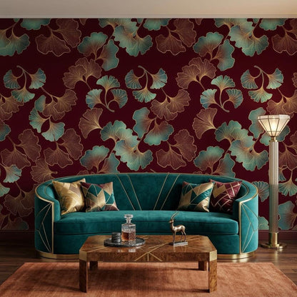 Art Deco Ginkgo Leaf Wallpaper, Teal Gold Burgundy Botanical Mural