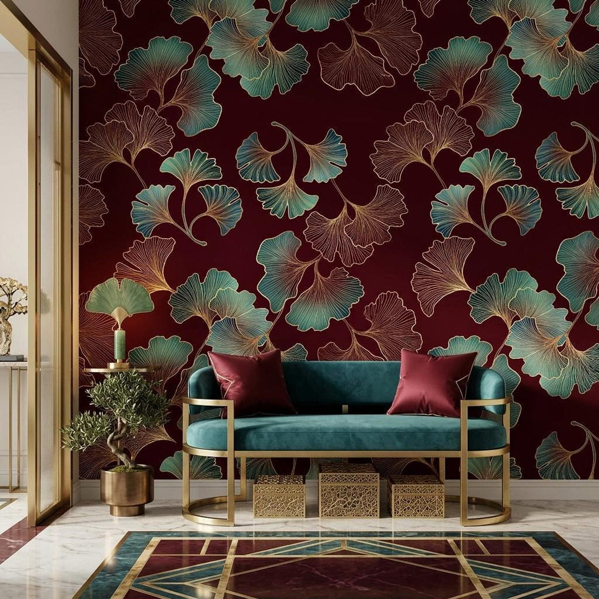 Art Deco Ginkgo Leaf Wallpaper, Teal Gold Burgundy Botanical Mural