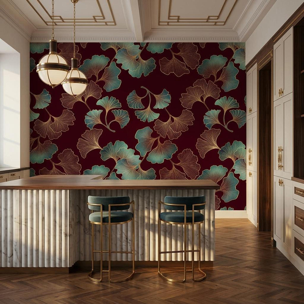 Art Deco Ginkgo Leaf Wallpaper, Teal Gold Burgundy Botanical Mural