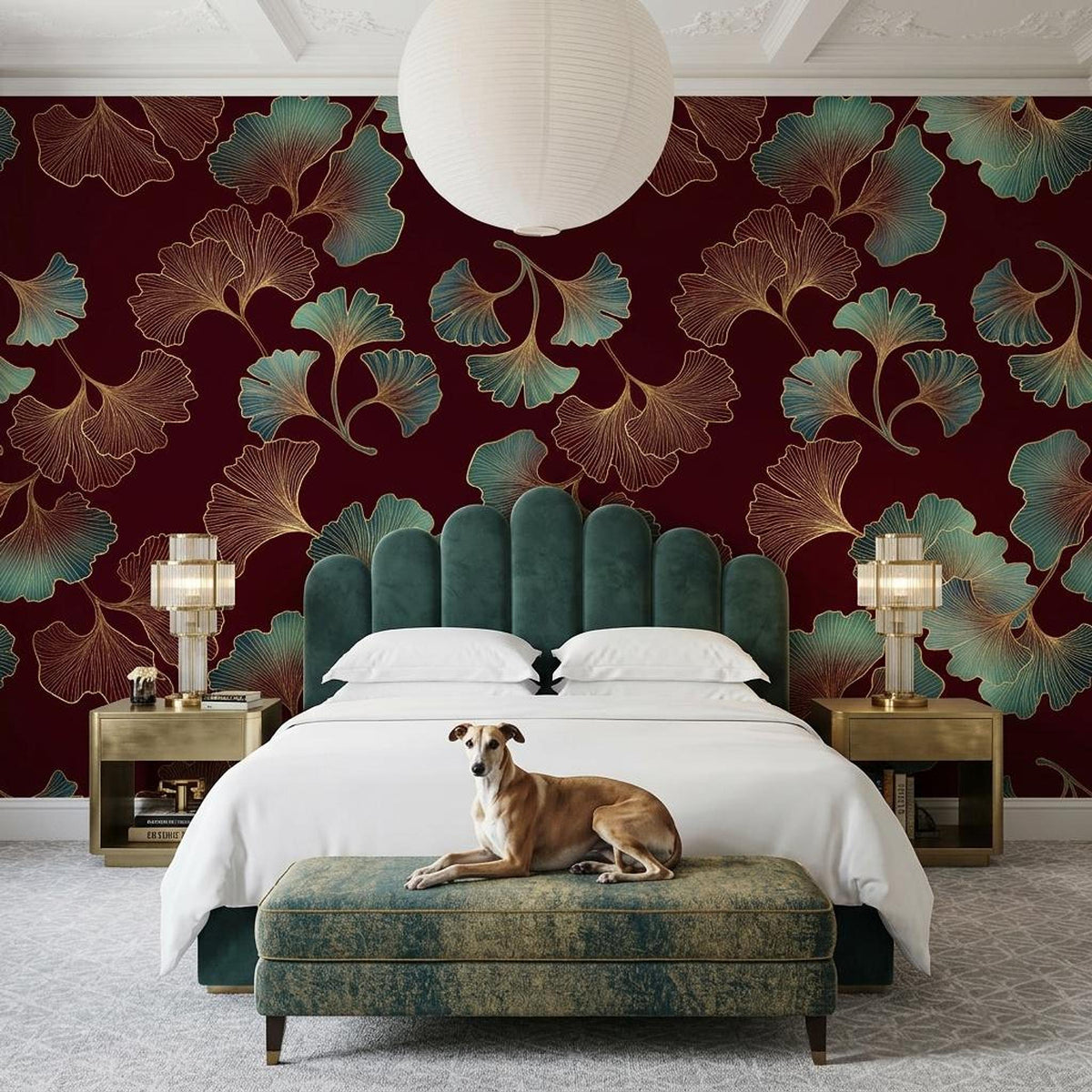 Art Deco Ginkgo Leaf Wallpaper, Teal Gold Burgundy Botanical Mural