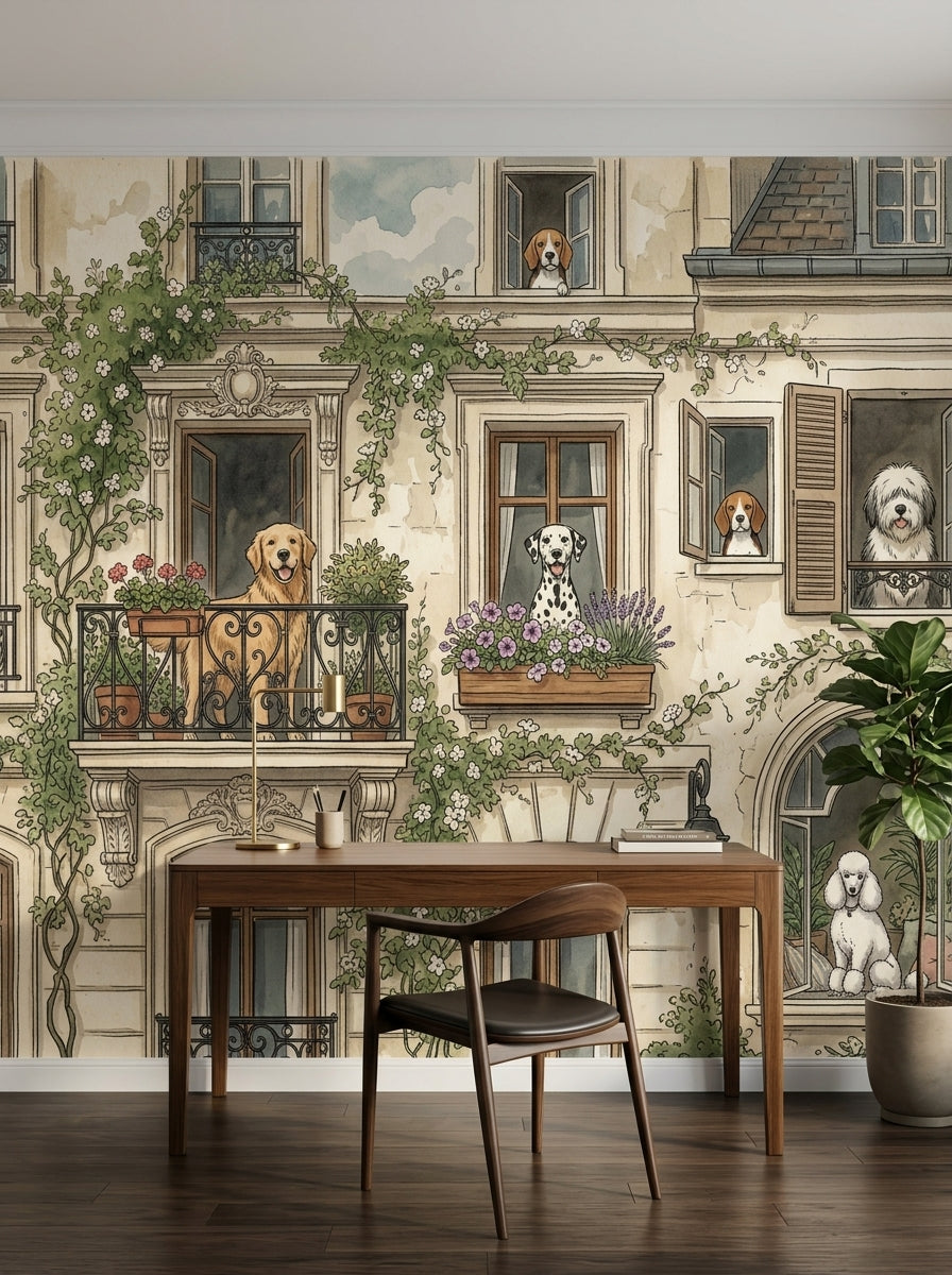 Parisian Dogs wallpaper mural with illustrated dogs, balconies and flowers in a home office mockup