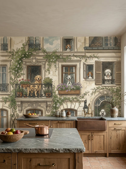 Parisian Dogs wallpaper mural with illustrated dogs, balconies and flowers in a kitchen mockup