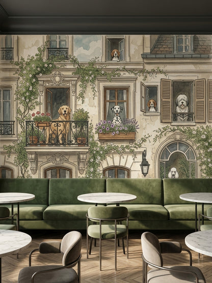 Parisian Dogs wallpaper mural with illustrated dogs, balconies and flowers in a seating area mockup