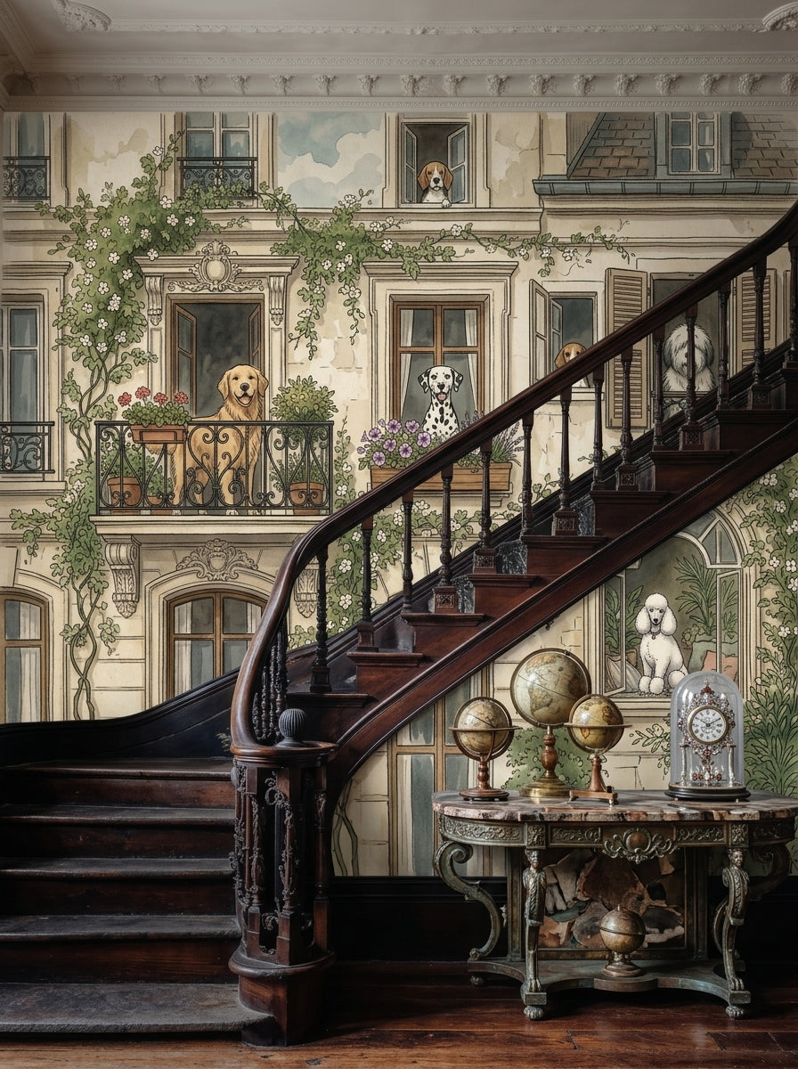 Parisian Dogs wallpaper mural with illustrated dogs, balconies and flowers in a staircase mockup