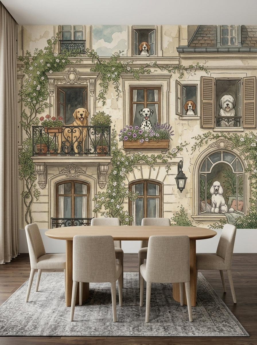 Parisian Dogs wallpaper mural with illustrated dogs, balconies and flowers in a dining room mockup
