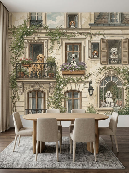 Parisian Dogs wallpaper mural with illustrated dogs, balconies and flowers in a dining room mockup