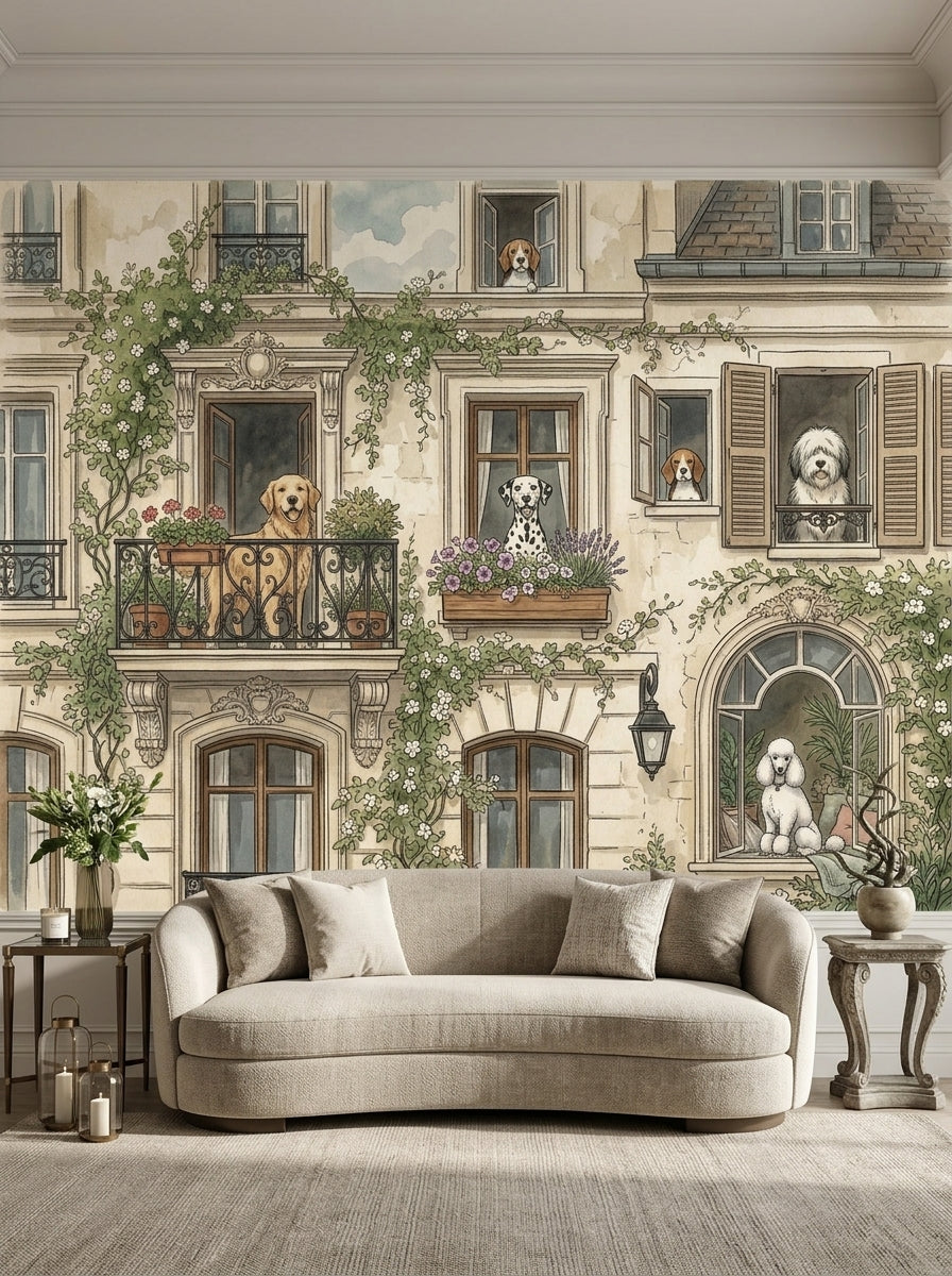Parisian Dogs wallpaper mural with illustrated dogs, balconies and flowers in a living room mockup