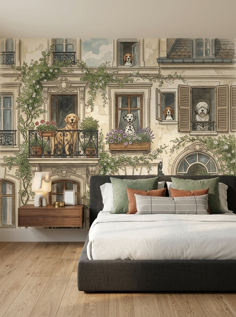 Parisian Dogs wallpaper mural with illustrated dogs, balconies and flowers in a bedroom mockup
