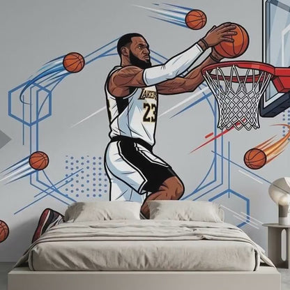 Comic Style Basketball Legend Wall Mural, Blue Sports Room Decor (Custom Size)