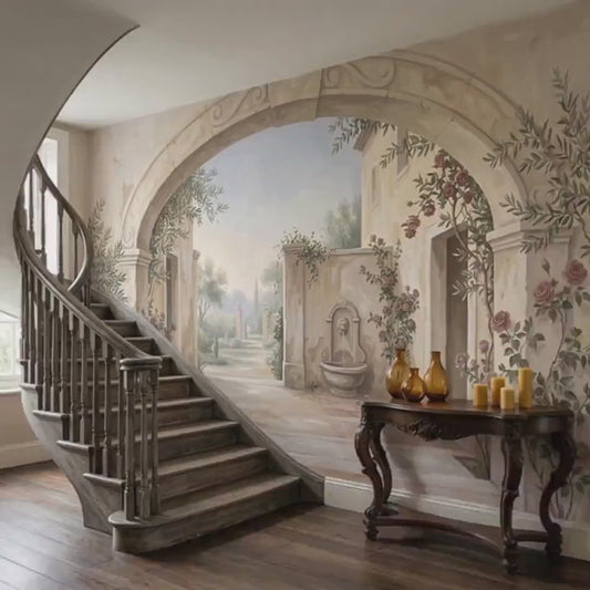 Mediterranean Garden Archway Mural, Tuscan Villa Landscape Wallpaper, Romantic Floral Art
