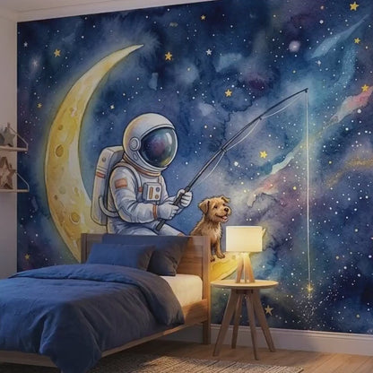 Watercolor Astronaut Dog Moon Mural, Whimsical Space Nursery Wallpaper (Custom Size)