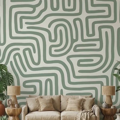 Sage Green Maze Wallpaper, Modern Geometric Mural, Boho Accent Wall (Peel & Stick)