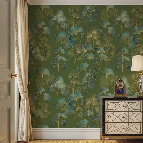 Ginkgo Leaf Art Deco Wallpaper Green Gold Floral Wall Mural, Vintage Luxury Home Decor, Removable Peel and Stick Wall Art