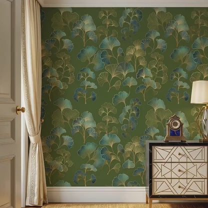 Ginkgo Leaf Art Deco Wallpaper Green Gold Floral Wall Mural, Vintage Luxury Home Decor, Removable Peel and Stick Wall Art