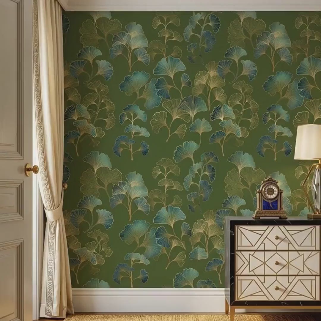 Ginkgo Leaf Art Deco Wallpaper Green Gold Floral Wall Mural, Vintage Luxury Home Decor, Removable Peel and Stick Wall Art