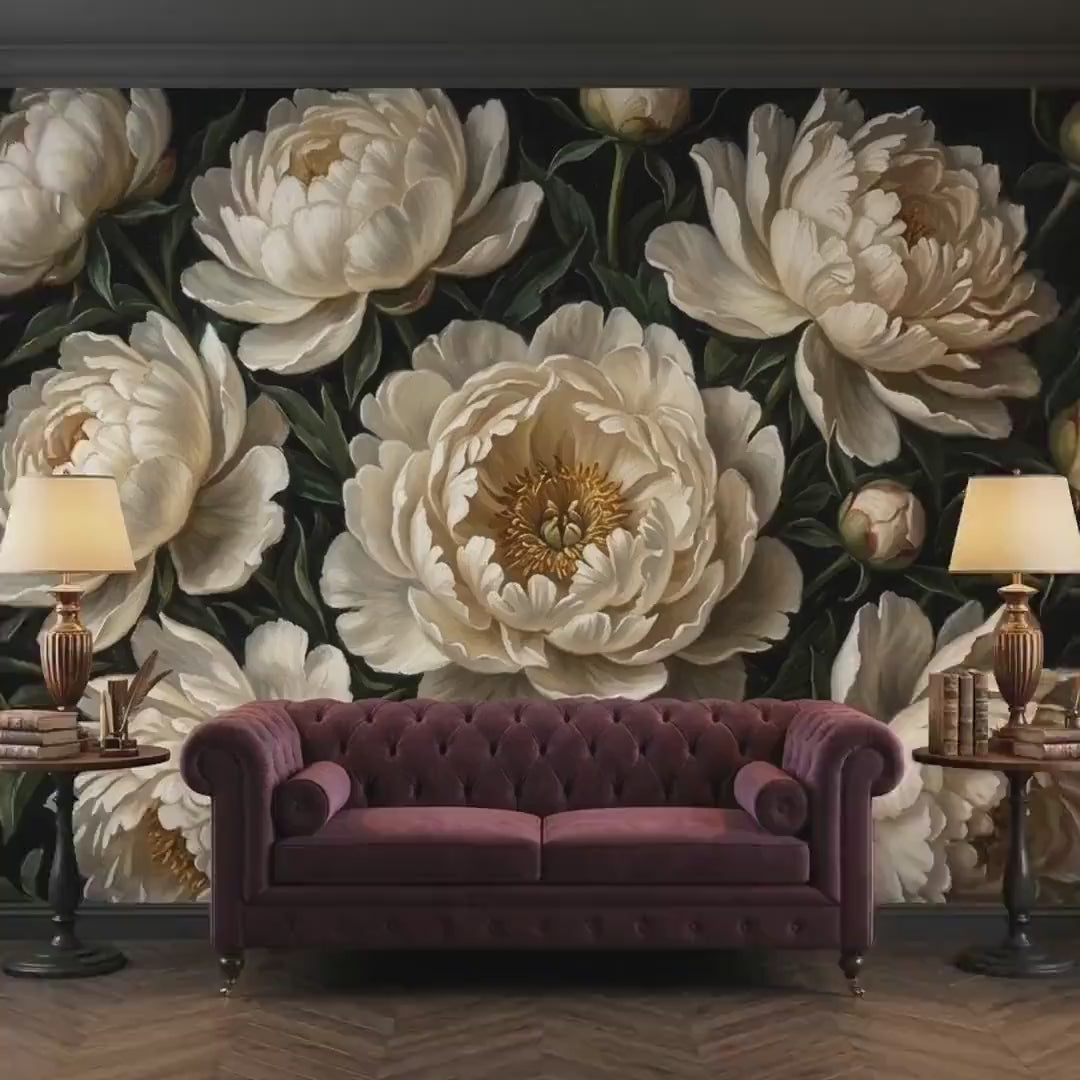 Dark Peony Wallpaper Mural, Moody Floral Botanical Wall Decor