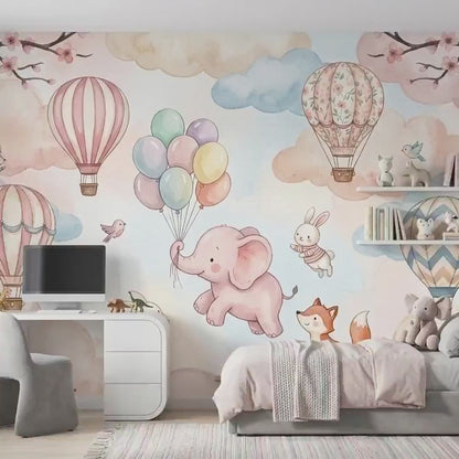 Watercolor Animal Hot Air Balloon Nursery Mural, Pastel Pink Woodland Wall Decor