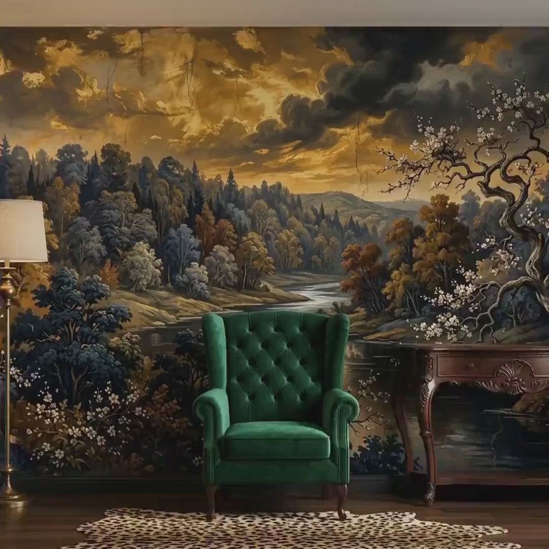 Vintage Oil Painting River Landscape Wallpaper, Moody Gold Scenic Wall Mural (Dark Academia)