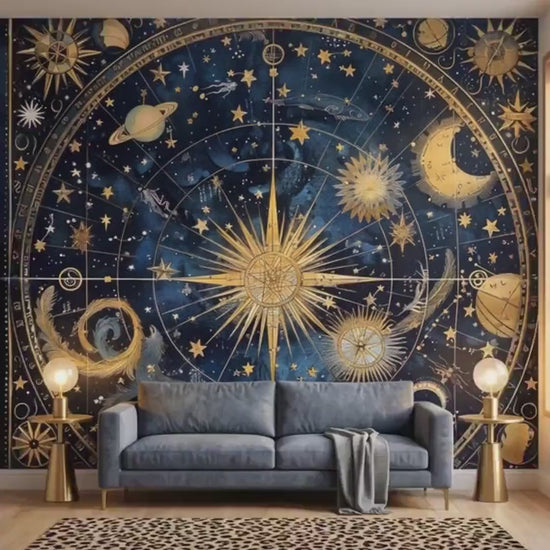 Celestial Navy Gold Constellation Mural, Vintage Astronomical Chart Wallpaper