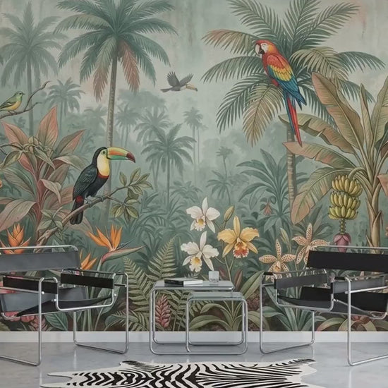 Tropical Jungle Wallpaper Mural, Vintage Botanical Birds, Bohemian Rainforest Art