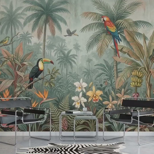 Tropical Jungle Wallpaper Mural, Vintage Botanical Birds, Bohemian Rainforest Art