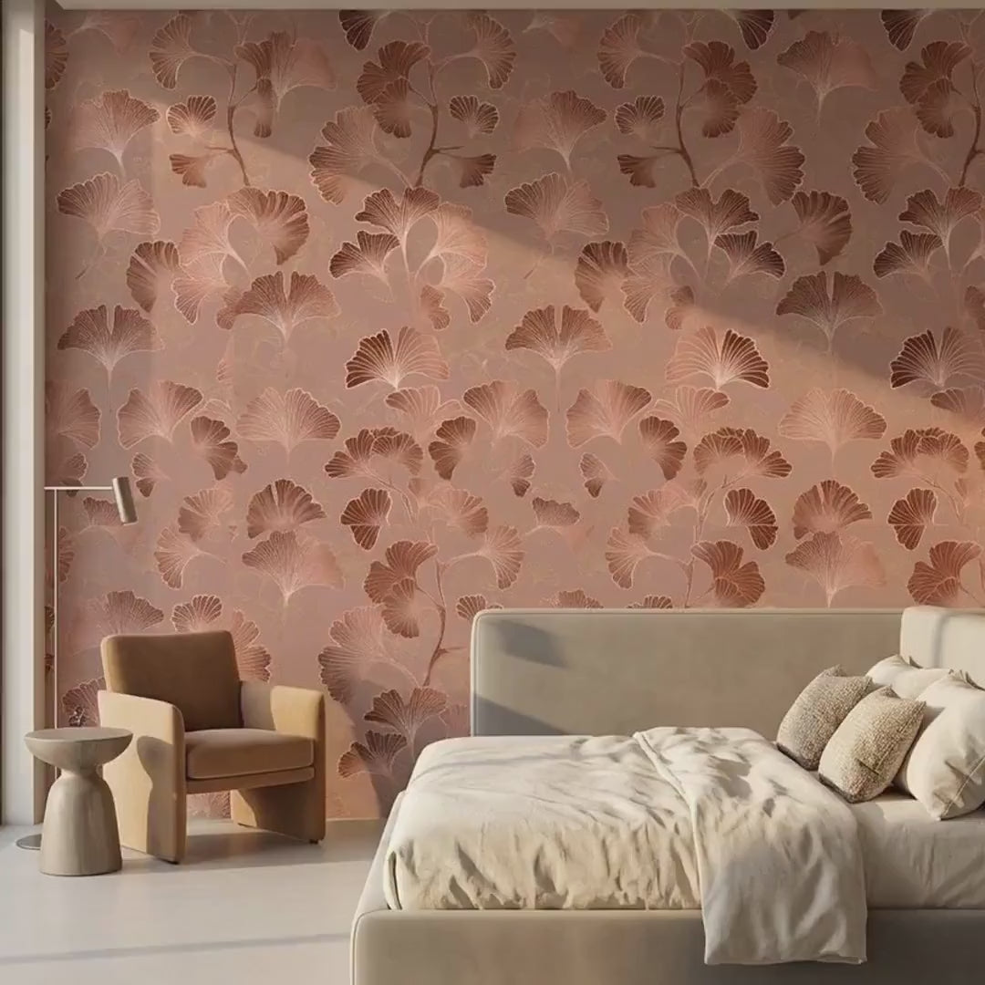 Art Deco Ginkgo Leaf Wallpaper Rose Gold, Japandi Botanical Mural, Mid Century Modern Wall Decor, Peel and Stick Removable Wallpaper