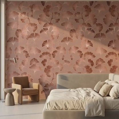 Art Deco Ginkgo Leaf Wallpaper Rose Gold, Japandi Botanical Mural, Mid Century Modern Wall Decor, Peel and Stick Removable Wallpaper