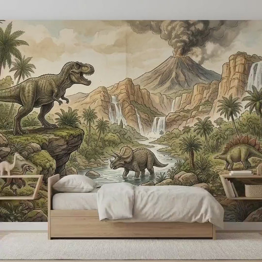Dinosaur Jungle Wallpaper Mural, Prehistoric Nursery Decor, Volcano Waterfall Art
