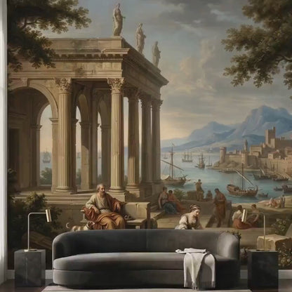 Neoclassical Mediterranean Wallpaper, Ancient Greek Harbor Mural, Old World Landscape Decor