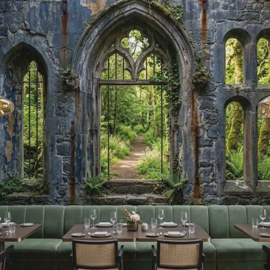 Gothic Stone Ruin Wallpaper Mural, Enchanted Forest Arched Window, Dark Academia Decor (Custom Sizing)
