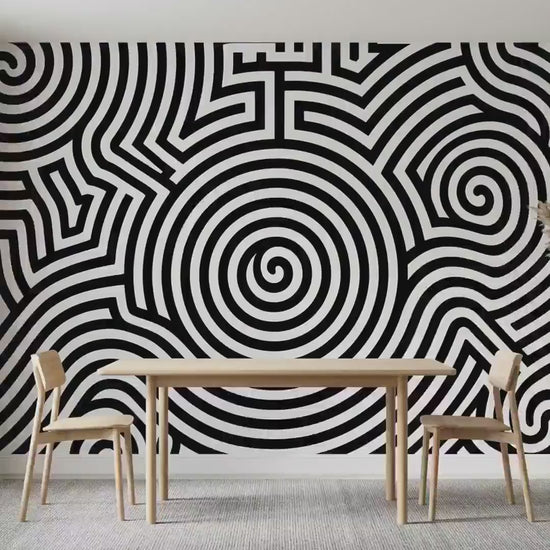 Monochrome Spiral Geometric Wallpaper Mural, Modern Minimalist Op Art Decor