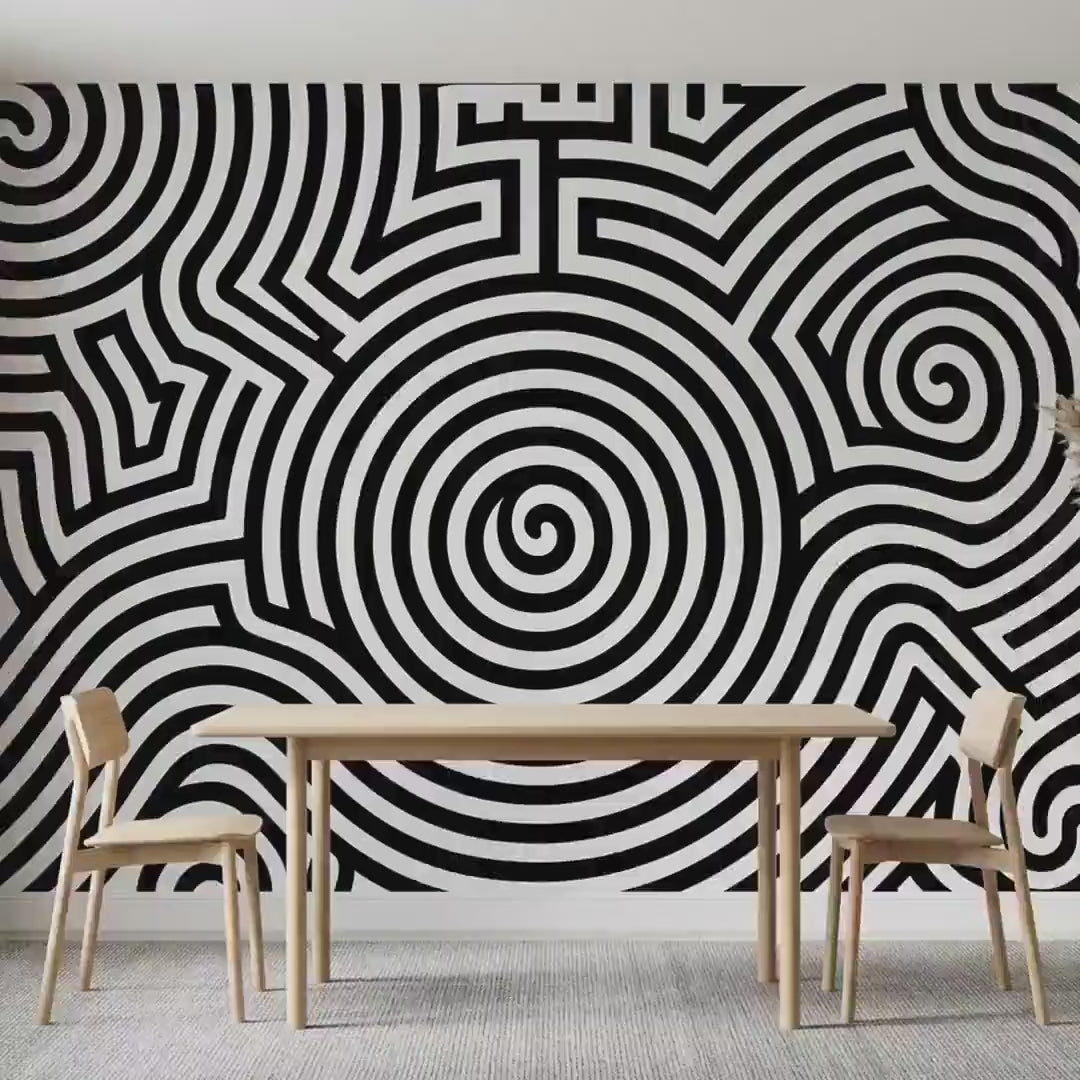 Monochrome Spiral Geometric Wallpaper Mural, Modern Minimalist Op Art Decor
