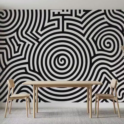 Monochrome Spiral Geometric Wallpaper Mural, Modern Minimalist Op Art Decor