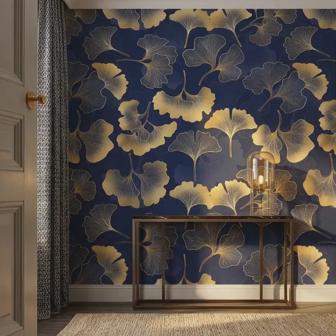 Gold Ginkgo Leaf Art Deco Wallpaper, Navy Botanical Wall Mural, Mid Century Modern Home Decor, Elegant Floral Peel and Stick Wall Art