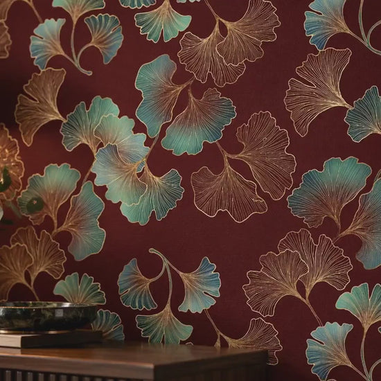 Art Deco Ginkgo Leaf Wallpaper, Teal Gold Burgundy Botanical Mural