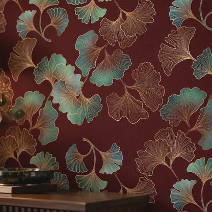 Art Deco Ginkgo Leaf Wallpaper, Teal Gold Burgundy Botanical Mural