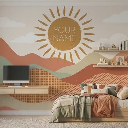 Personalized Boho Sun Mountain Nursery Mural, Custom Name Wall Art (Terracotta Palette)
