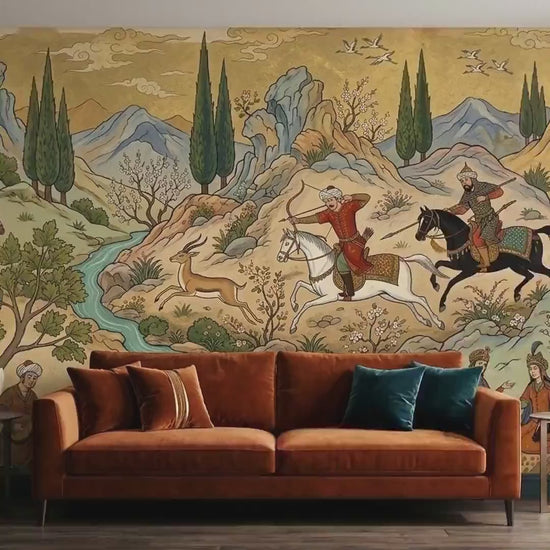 Persian Miniature Wall Mural, Vintage Hunting Scene Wallpaper, Persian Art Decor