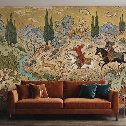 Persian Miniature Wall Mural, Vintage Hunting Scene Wallpaper, Persian Art Decor