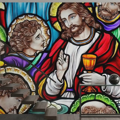 Stained Glass Last Supper Mural, Catholic Church Decor, Sacred Heart Art (Wallpaper)