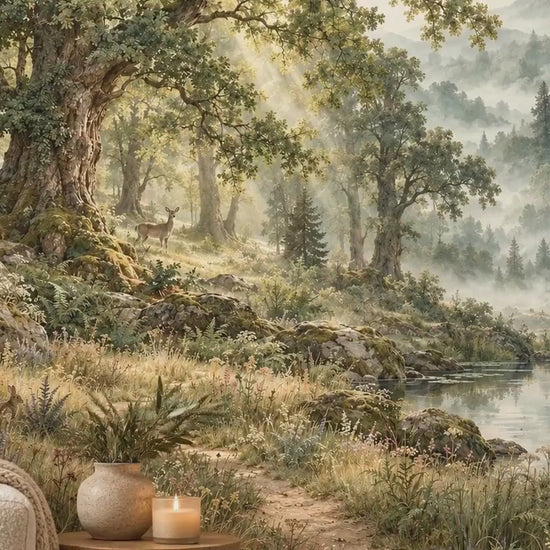 Vintage Forest Landscape Oil Painting Wallpaper Mural, Enchanted Woods Peel and Stick Decor