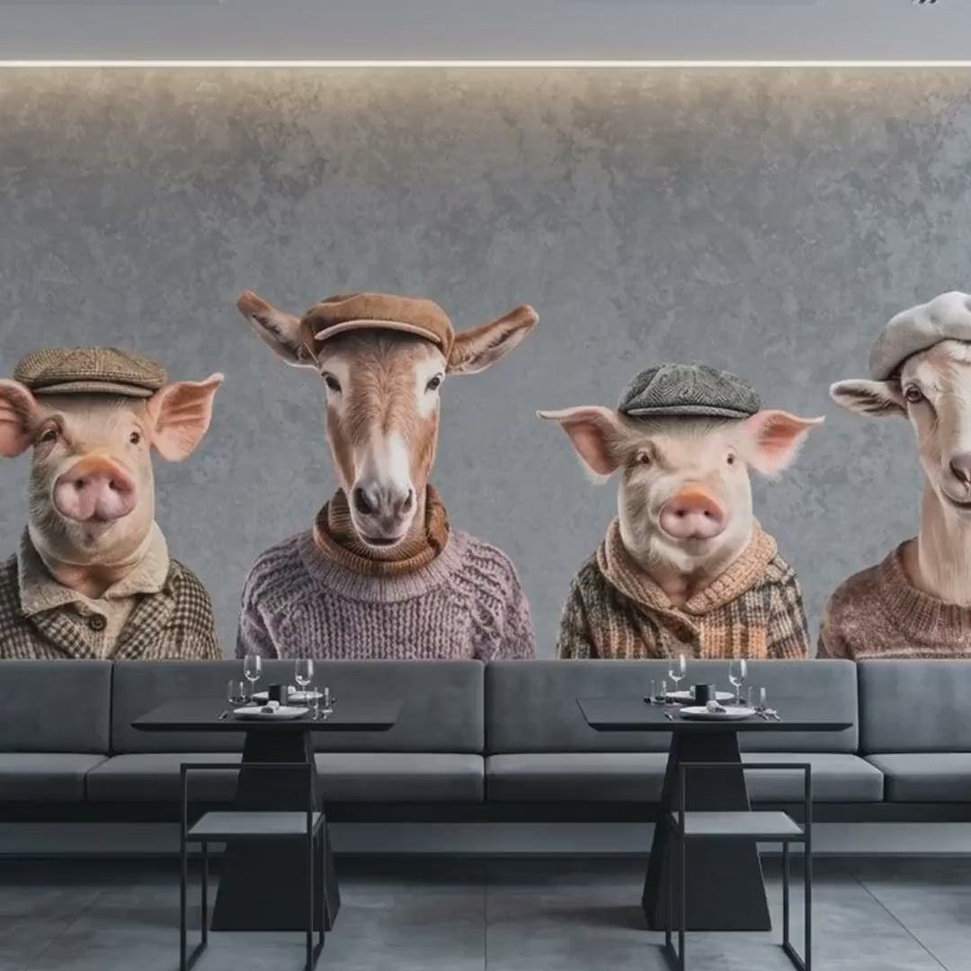 Whimsical Anthropomorphic Farm Animals Wallpaper, Rustic Country Life Mural (Digital Download)